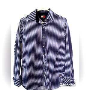 Tommy Hilfiger Navy and white striped button up dress shirt